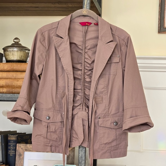 G.I.L.I. stylish khaki Jacket or Blazer with pockets, ruching and tie front. o/s - Picture 6 of 12